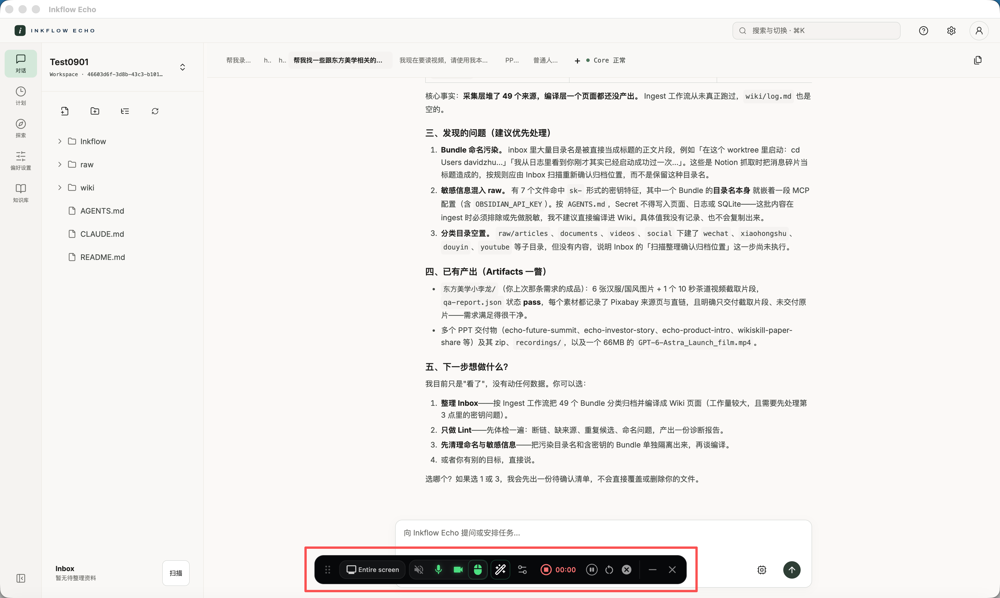 Echo Capture 正在录制时的计时和控制按钮