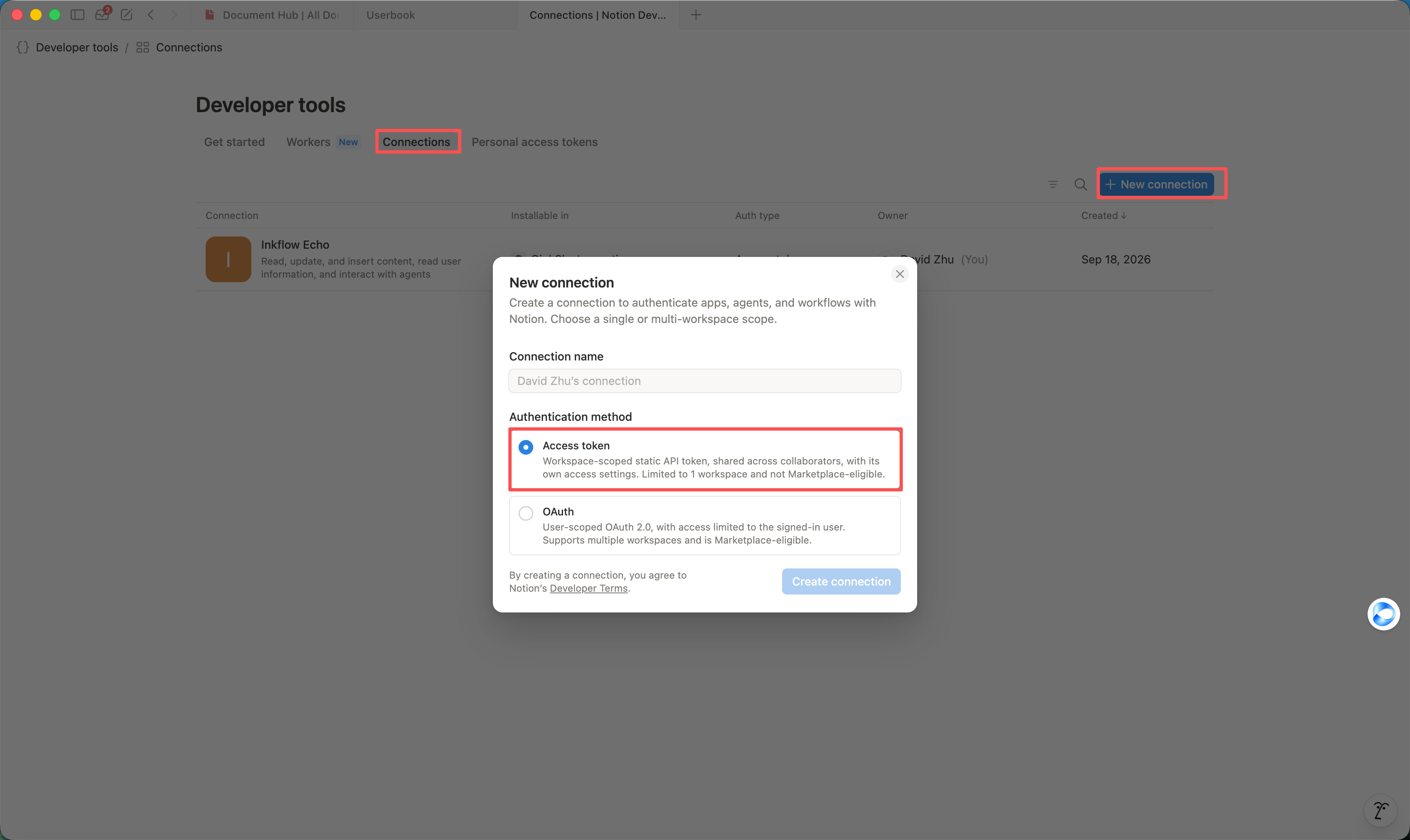 在 Notion Developer tools 的 Connections 页面创建 New connection,并选择 Access token