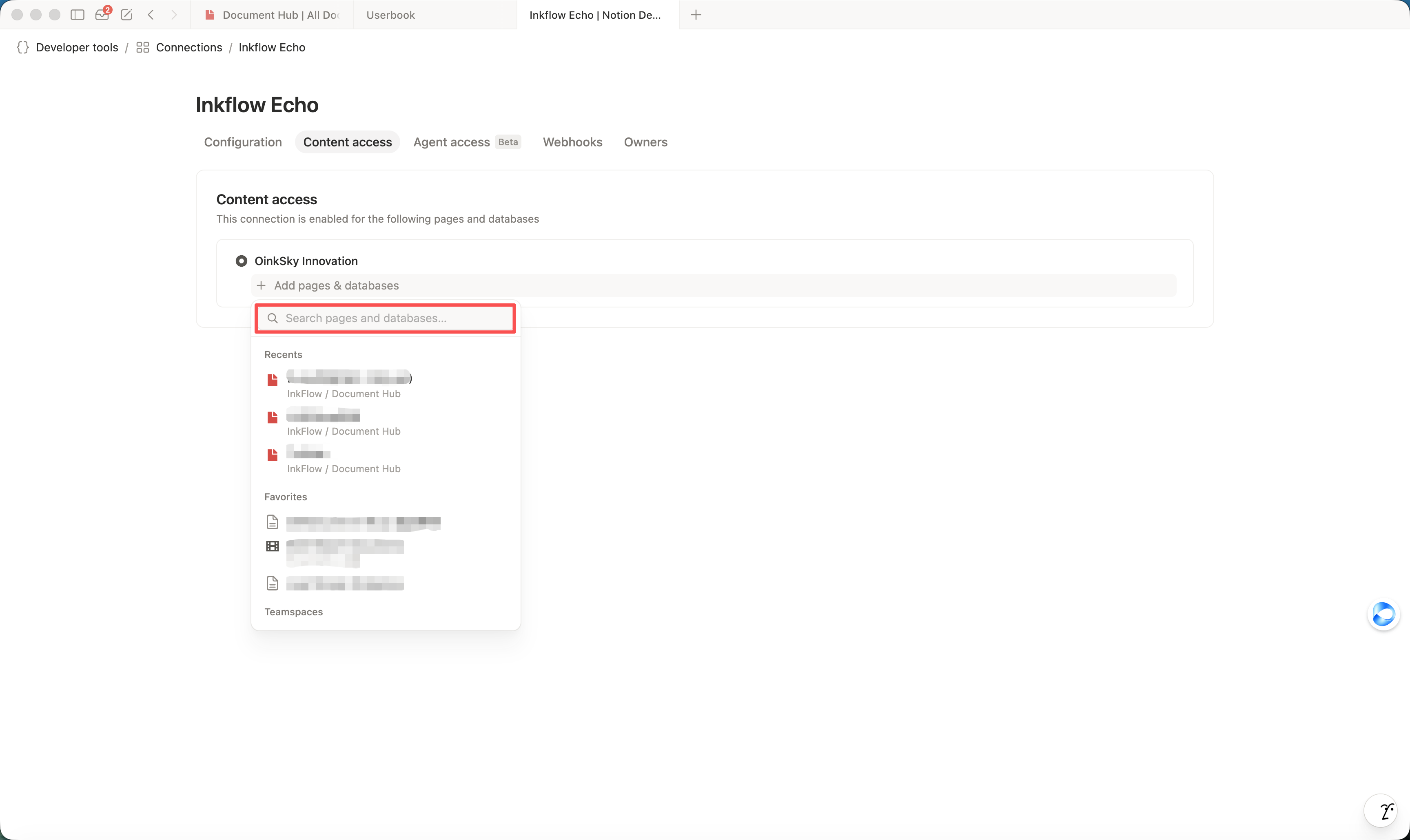 在 Notion Connection 的 Content access 中添加需要同步的页面和数据库