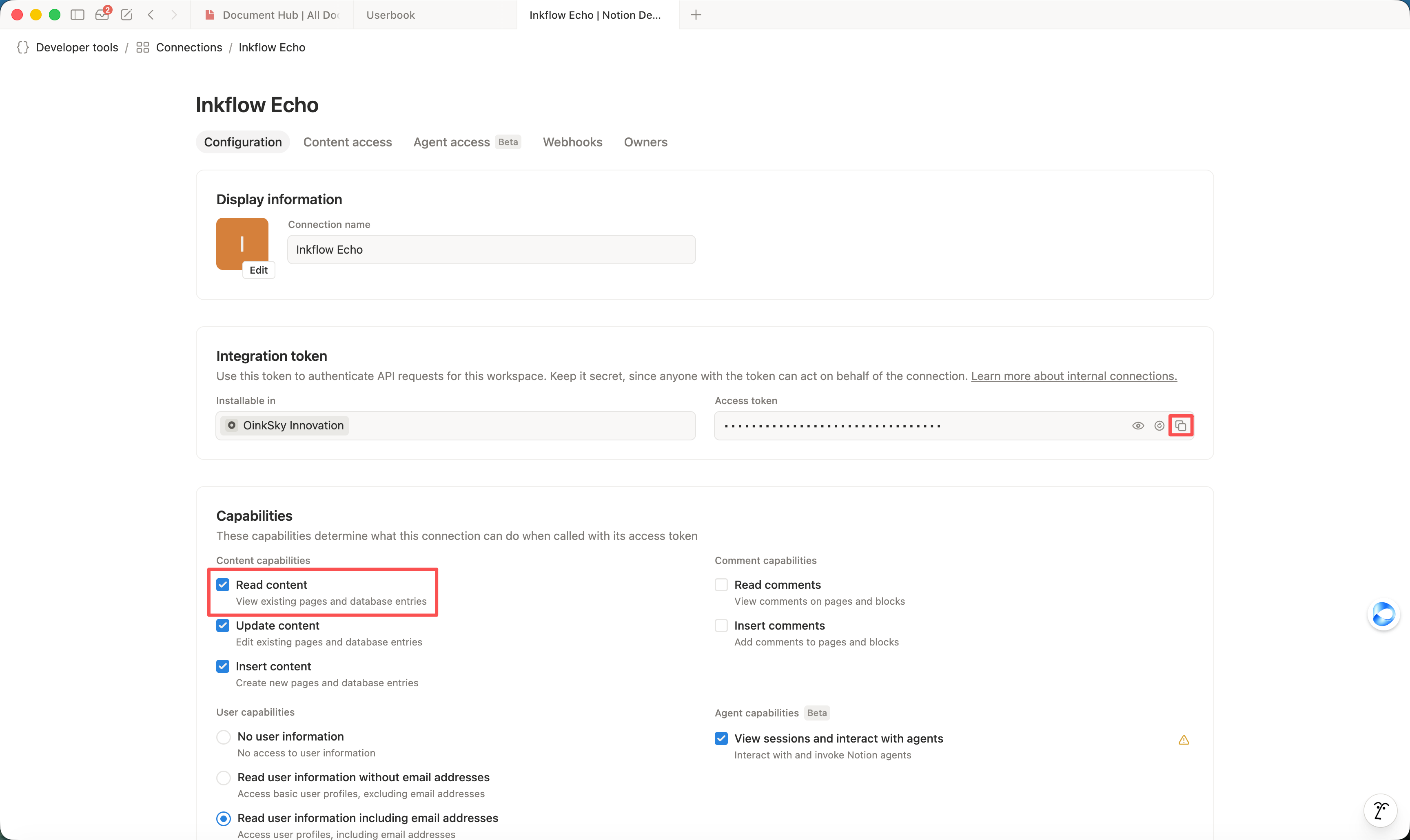 Notion Connection 配置页中的 Integration token 和 Read content 能力