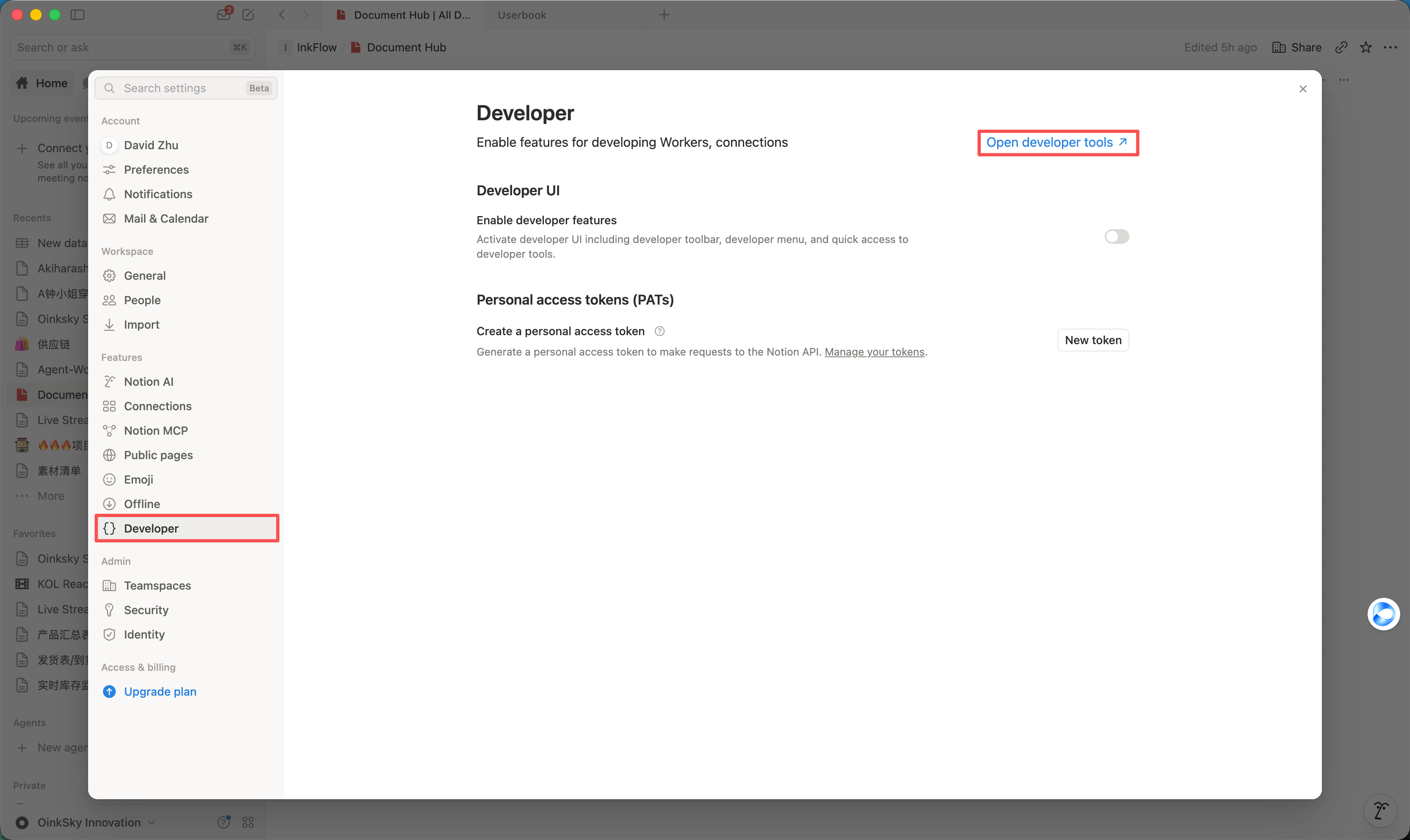 在 Notion 设置中打开 Developer,再进入 Developer tools