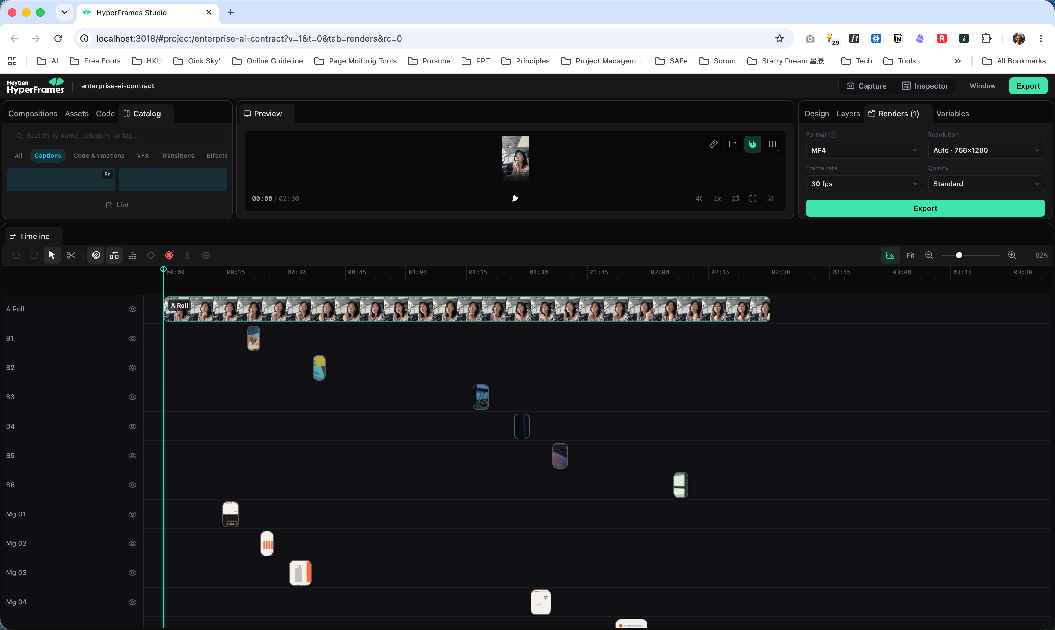 HyperFrames Studio:中间预览、下方时间轴,右侧可设置视频导出参数